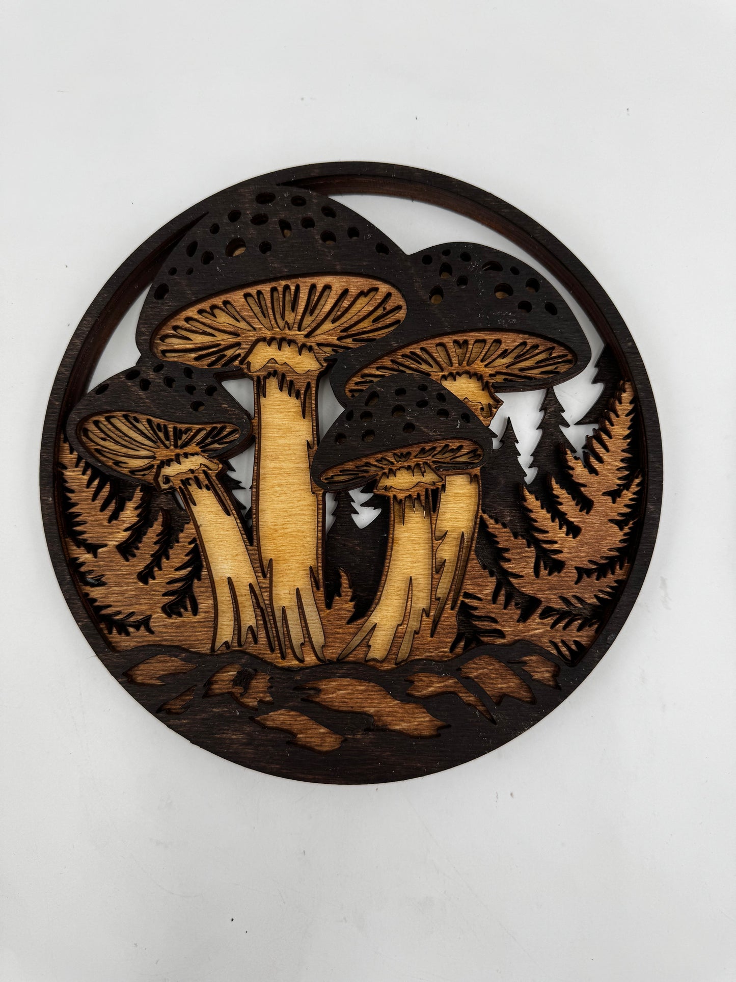Mushroom Layered Wood Art in a Circle Frame 11.5"