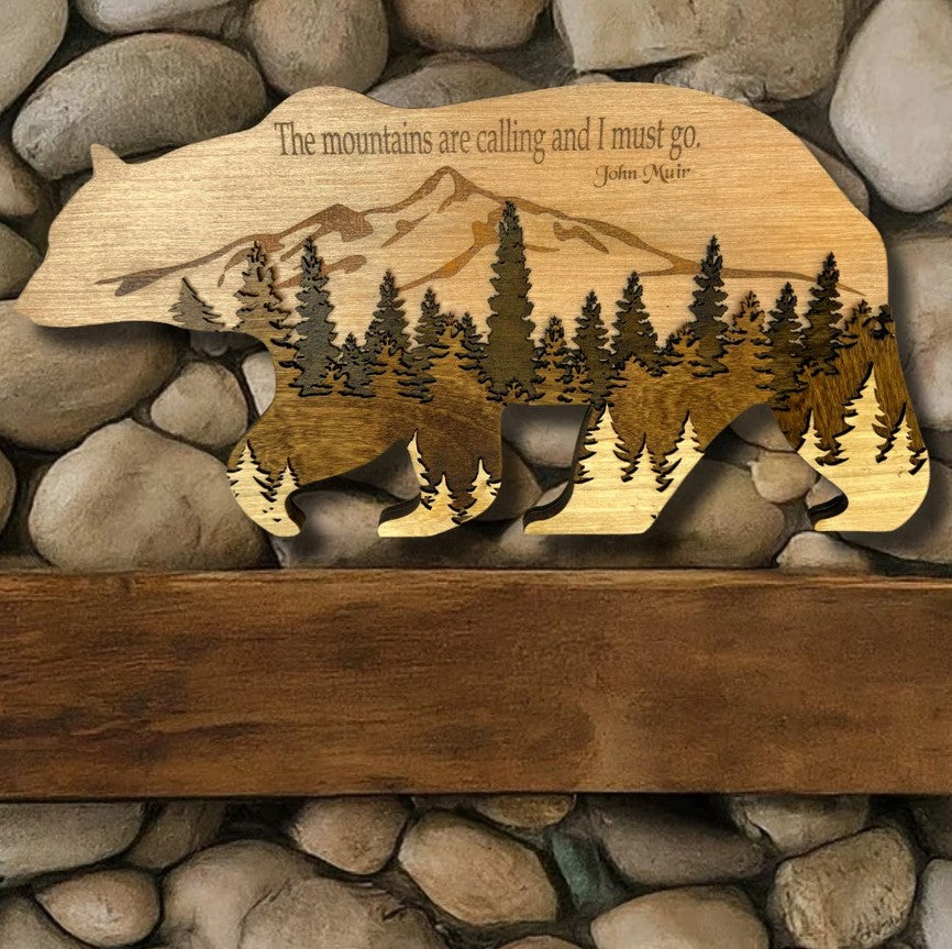 Beautiful 4 Layered Bear Forest John Muir ~ The Mountains Are Calling for your Cozy Lodge Decor 19-1/2" x 9-3/4" Wall Art