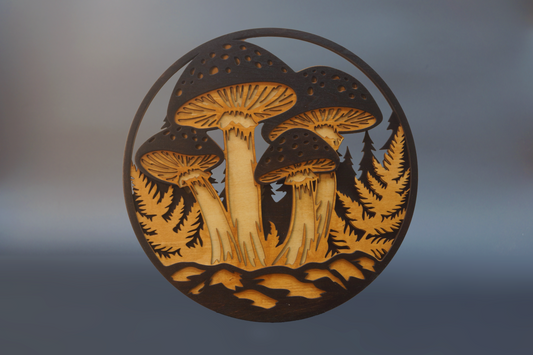 Mushroom Layered Wood Art in a Circle Frame 11.5"